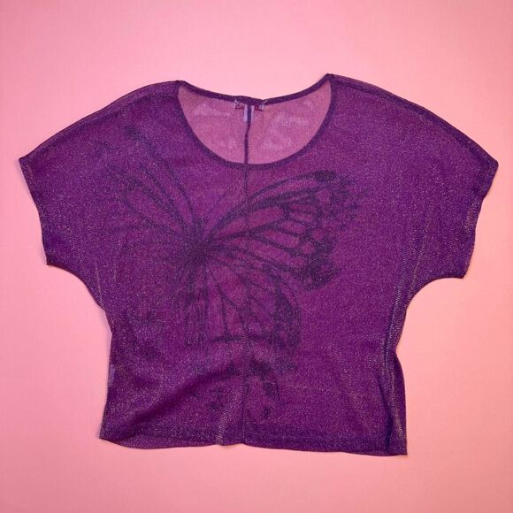 Y2K Bongo purple sheer mesh sparkle top with butterfly graphic🎀 - Picture 5 of 7